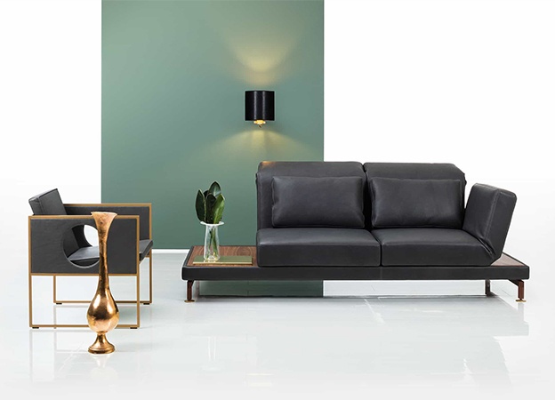 Sofa Moule medium Bruehl Leder Ablage Holzkufen Grace Sessel